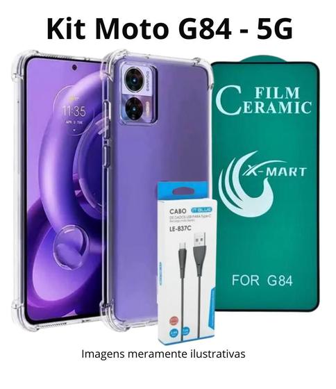 Imagem de Kit Película 9D de Cerâmica + Capa Anti Shock + Cabo Turbo Tipo C  para Celular Motorola Moto G84