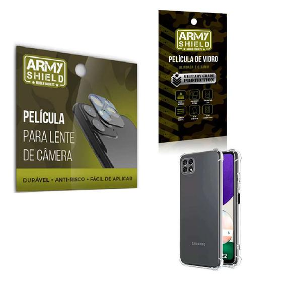 Imagem de Kit Película de Camêra Samsung A22 5G + Película de Vidro 3D e Capinha Anti Shock - Armyshield