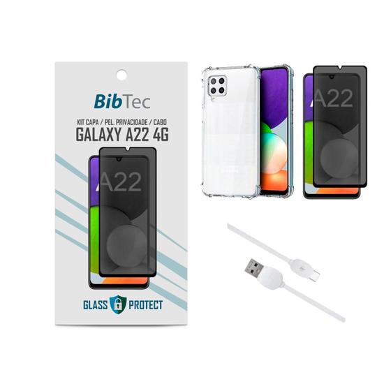 Imagem de Kit Película Privacidade 3D + Capa Transparente + Cabo USB Tipo C Samsung Galaxy A22 4G