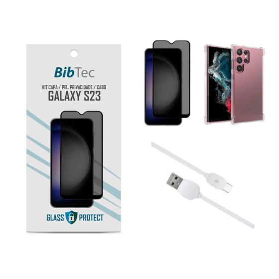 Imagem de Kit Película Privacidade 3D + Capa Transparente + Cabo USB Tipo C Samsung Galaxy S23