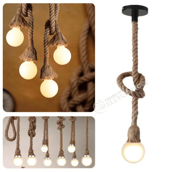 Imagem de Kit Pendente De Corda Rústico Luminárias Lustre Suspenso Com 1 Lâmpada LED Bolinha KIT019