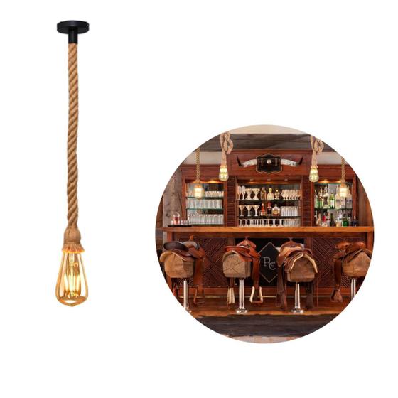 Imagem de Kit Pendente Lustre Luminária Vintage Corda Sisal Retro Rústico De 1M Com Lâmpada LED Pera Âmbar Bivolt 4W E27