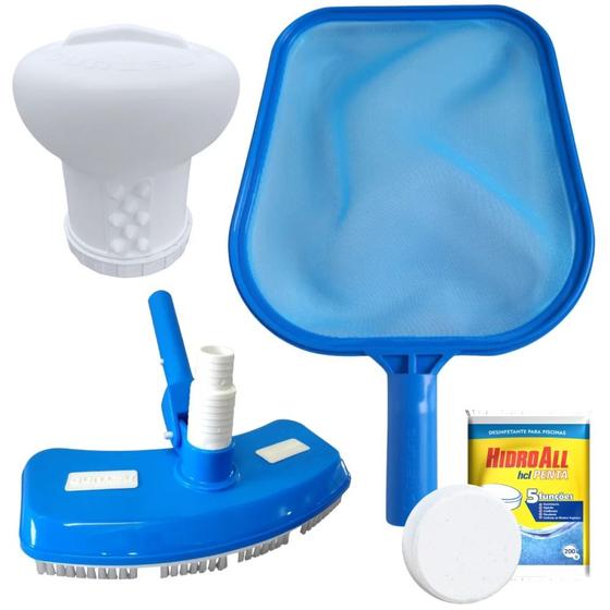 Imagem de Kit Peneira + Aspirador + Clorador Flutuante Grande + Pastilha de Cloro 5 em 1 para Limpeza de Piscina  Netuno 