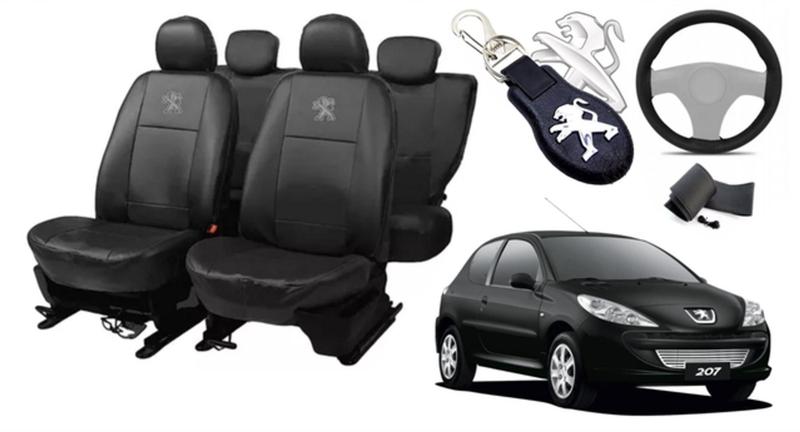 Imagem de Kit Personalidade: Capas de Couro para Bancos Peugeot 207 2008-2014 + Capa de Volante + Chaveiro