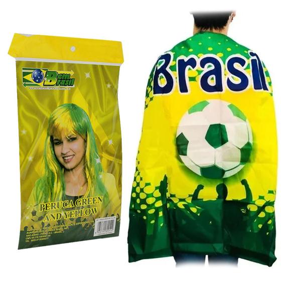 Imagem de Kit Peruca Capa Brasil Copa Do Mundo Torcedor Comemoração Unissex Vitória Verde Amarelo