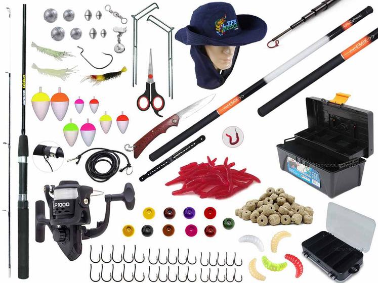 Imagem de Kit Pesca Com Vara Para Molinete 1,20m + Vara Telescópica 40% Carbono 4,50m + Molinete + Caixa + Acessórios (Ref. 196)