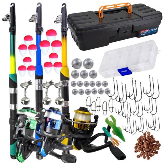 Imagem de Kit Pesca Completo 3 Varas 3 Molinetes com Linha Maleta mais Estojo com Acessórios