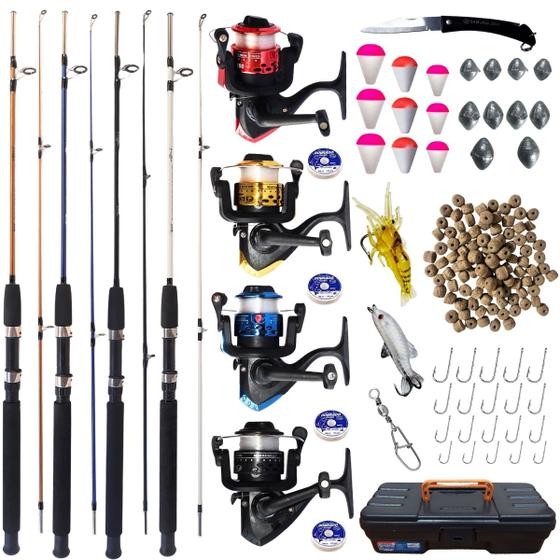 Imagem de Kit Pesca Completo 4 Varas Maciça + 4 Molinetes UL + Iscas