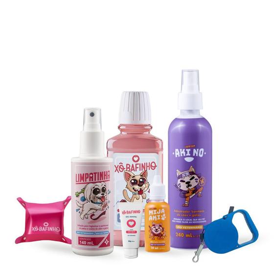 Imagem de Kit Pet: +1x Limpatinha - spray de higiene animal +1 Xô bafinho+1x Mija Aki+1x Aki No+1 Gel dental+Coleira+Comedouro e Bebedouro