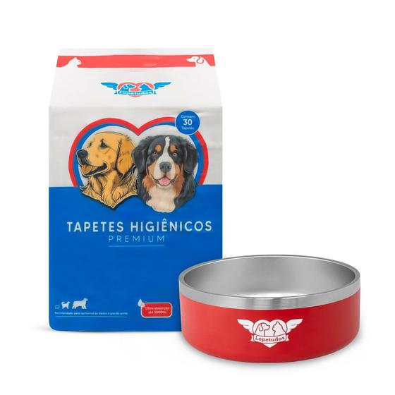 Imagem de KIT PET COMEDOURO E TAPETE - InoxDine1 1200ml Vermelho, Tapete Higienico 60x90cm