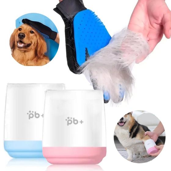 Imagem de Kit Pet Copo Giratório Limpa Patas Pequeno Com Luva Massageadora Tira Pelos