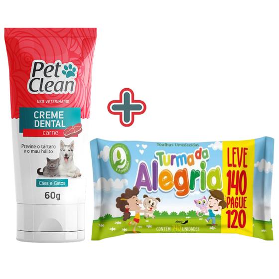 Imagem de Kit Pet Limpo com 1 Creme Dental Pet Clean Sabor Carne 60g + 1 Lenço Umedecido Turma da Alegria