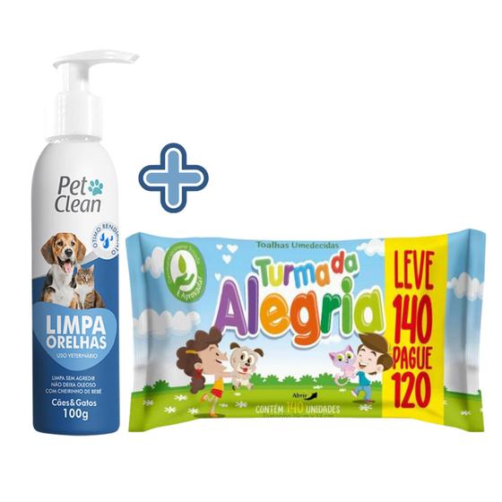 Imagem de Kit Pet Limpo com 1 Lenço Umedecido Turma da Alegria + 1 Limpa Orelhas Pet Clean 100g