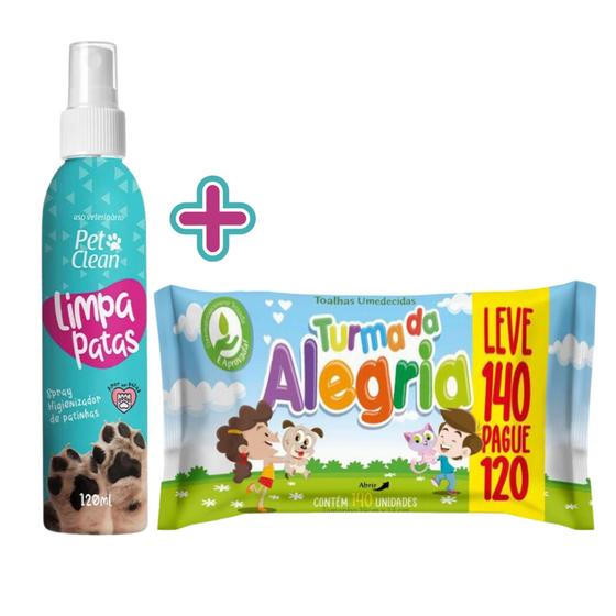 Imagem de Kit Pet Limpo com 1 Limpa Patas Pet Clean 120ml + 1 Lenço Umedecido Turma da Alegria