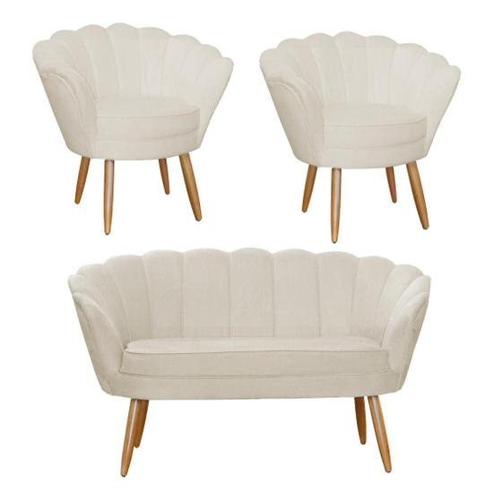 Imagem de Kit Pétala Namoradeira e 2 Poltronas Decorativa Pés Palito Suede Bege - DL Decor