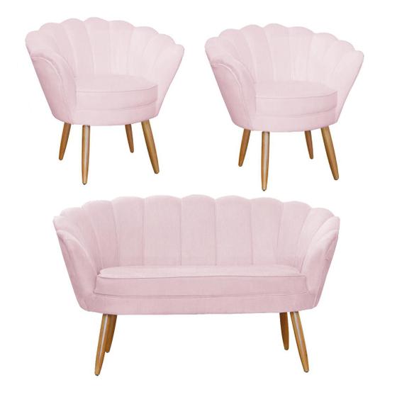 Imagem de Kit Pétala Namoradeira e 2 Poltronas Decorativa Pés Palito Suede Rosa Bebe - LM DECOR