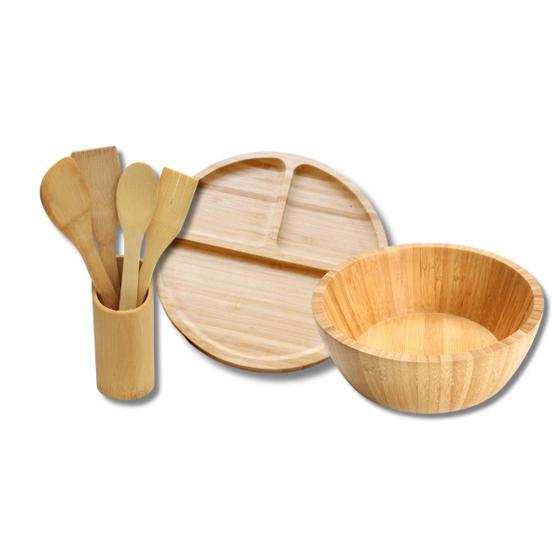 Imagem de Kit Petisqueira Com Divisoria Bambu Jogo Talheres Com Saladeira