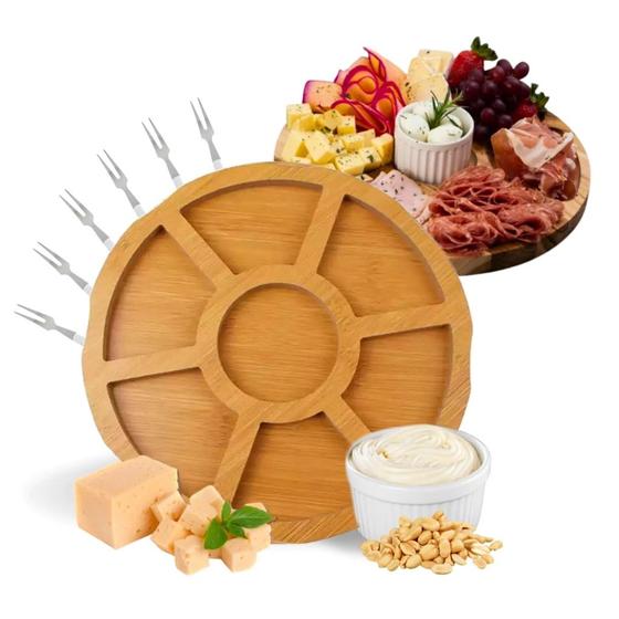 Kit Petisqueira de Madeira Redonda com Molheira Ramekin e Garfinhos para Petiscos Frios