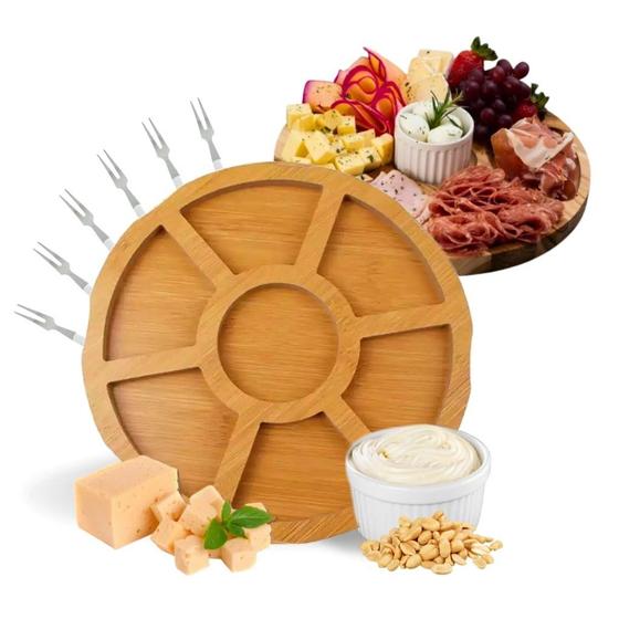 Kit Petisqueira de Madeira Redonda com Molheira Ramekin e Garfinhos para Petiscos Frios e Queijo