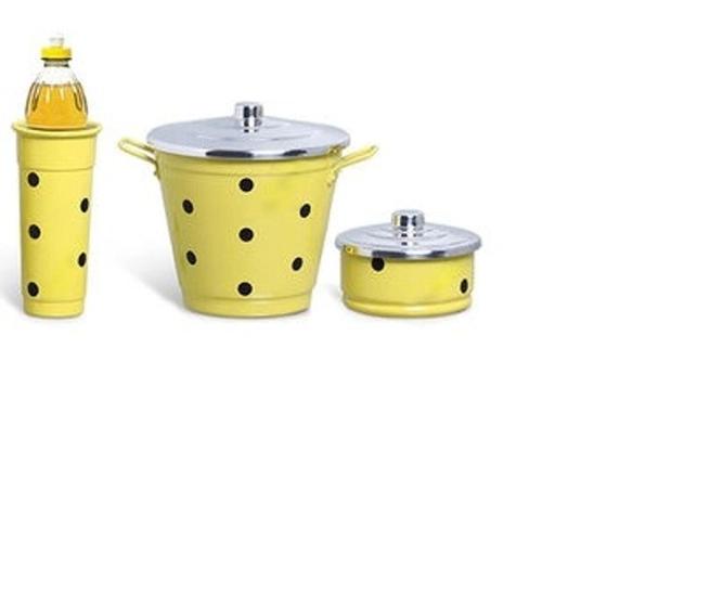 Imagem de Kit Pia Alumínio Amarelo Poa com Lixeira Redonda com Porta Detergente com Porta Sabao Esponja - Alum