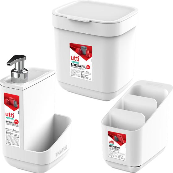 Imagem de Kit Pia Ordene Lixeira 3L + Porta Detergente Dispenser 550ml + Porta Talheres com 3 Divisórias