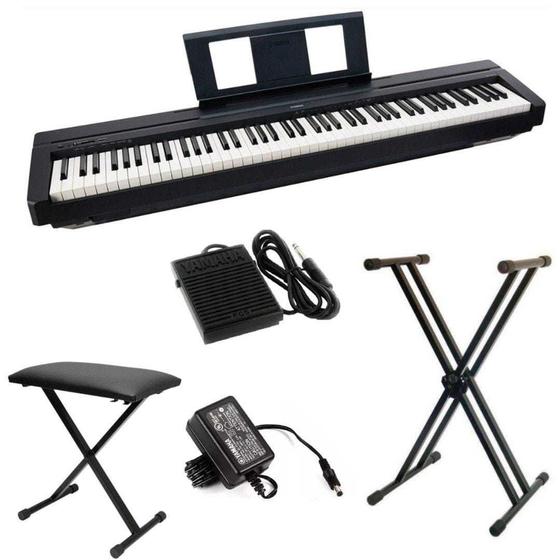 Imagem de Kit Piano Digital P45 Preto 88 Teclas Sensitivas Yamaha + Suporte X + Banqueta X + Pedal + Fonte