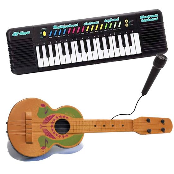 Imagem de Kit Piano Teclado Musical Violão Infantil Com Microfone Viola Brinquedos