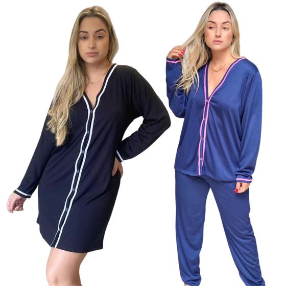 Imagem de Kit Pijama de Frio e Camisola Manga Longa Inverno Com Botões Conjunto Inferno Feminino Camisola manga comprida e conjunto de pijama de frio abotoavel