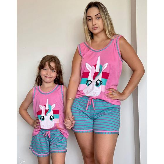 Imagem de Kit Pijama Mãe e Filha Baby Doll Regata Unicornio Conjunto