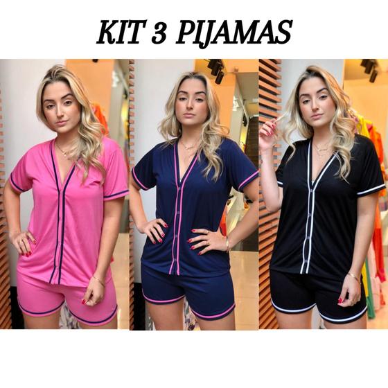 Kit Pijamas Feminino 3 conjuntos Americano Aberto Com Botões Verão Curto Cirurgico Menor preço em Kit Pijamas Feminino 3 conjuntos Americano Aberto Com Botões Verão Curto Cirurgico