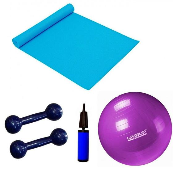 Imagem de Kit Pilates com Bola 55 Cm + Mini Bomba + Colchonete + 2 Halteres 1kg  Liveup