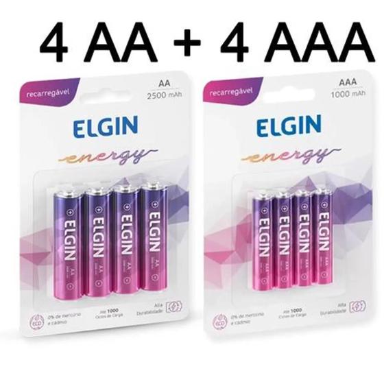 KIT Pilhas Elgin Recarregável 4 Palito AAA 1000mah + 4 Pequena AA 2700mah Menor preço em KIT Pilhas Elgin Recarregável 4 Palito AAA 1000mah + 4 Pequena AA 2700mah