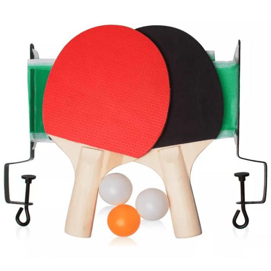 Imagem de Kit Ping Pong 2 Raquete Tênis De Mesa + 3 Bolinha + Rede Diversão