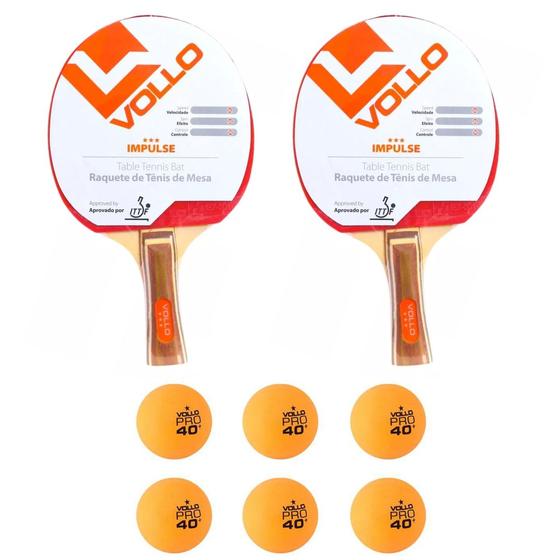 Imagem de Kit Ping Pong 6 Bolas Laranja 1 Estrela + 2 Raquetes Impulse Vollo