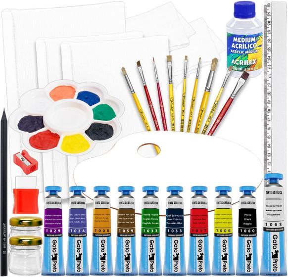 Kit Pintura Com Telas + Paleta + Pinceis Tinta Acrílica Menor preço em Kit Pintura Com Telas + Paleta + Pinceis Tinta Acrílica