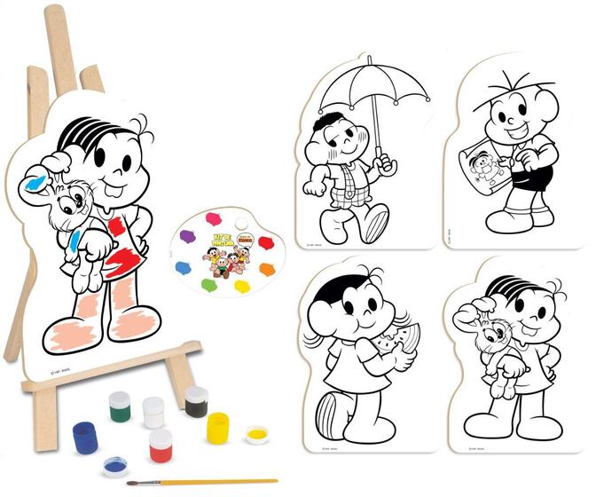 Imagem de Kit Pintura Da Turma da Mônica Educativo Infantil Telas Cavalete Paleta Em Madeira + Pincel Tintas