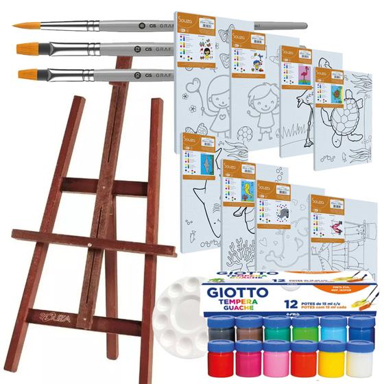 Imagem de Kit Pintura Infantil C/ Cavalete + Tela Riscada + Tinta