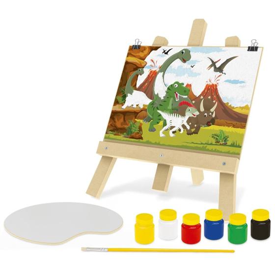Imagem de Kit Pintura Infantil Quadro Dinossauro C/ Cavalete 6 Tintas Pincel 4 Desenhos
