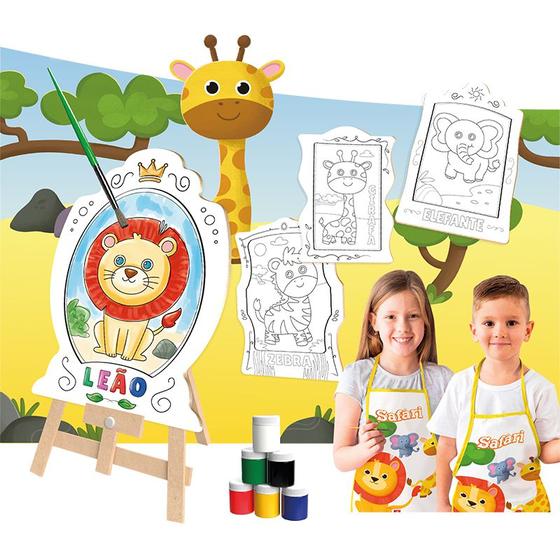 Imagem de Kit Pintura Infantil Temático Cavalete Telas Tintas Pincel Godê Paleta Avental 