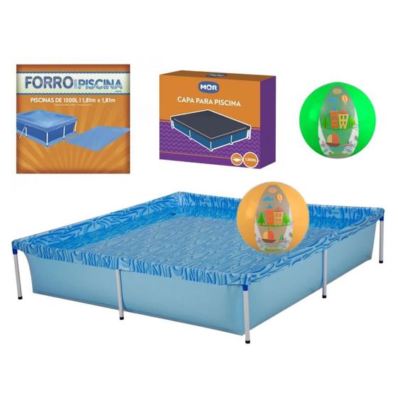 Imagem de Kit Piscina 1500 Litros + Capa e Forro Mor + 2 Bolas Inflavel Verde e Laranja