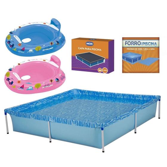 Imagem de Kit Piscina 1500 Litros + Capa e Forro Mor + 2 Botes Inflavel Rosa e Azul