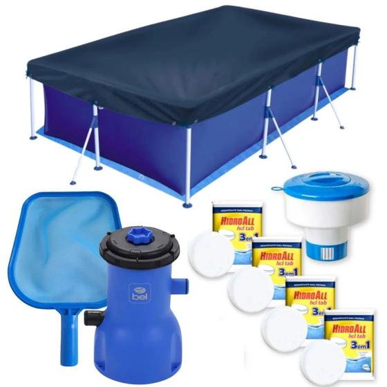 Imagem de Kit Piscina 3700l + Flutuador + Capa + Forro + Peneira + Cloro + Filtro 220v 3028 L/H