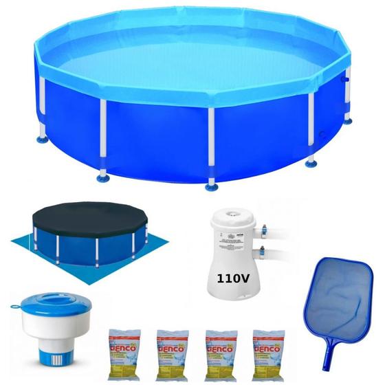 Imagem de Kit Piscina 4500 Lt + Forro + Capa + Filtro 2200 L/H 110v + Cloro + Peneira + Flutuador  Mor