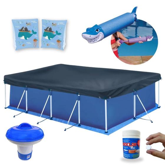 Imagem de Kit Piscina 5000 L + Capa, Forro + Lanca Agua Animais Sortido + Boia de Braco + Mini Flutuador + 50 Pastilhas 2 G