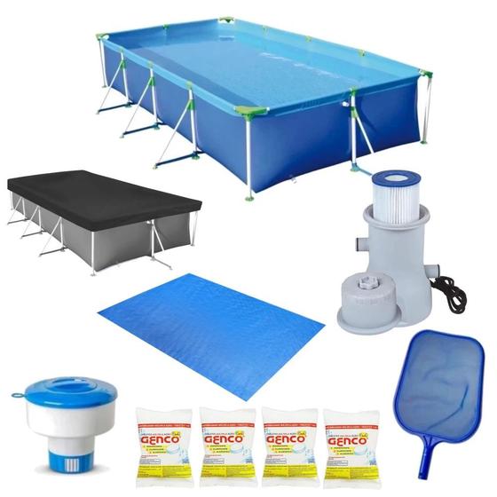 Imagem de Kit Piscina 5000 Litros + Capa + Forro + Bomba 220v + Cloro + Peneira + Flutuador