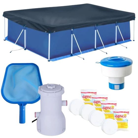 Imagem de Kit Piscina 5000 Litros + Capa + Forro + Filtro 110v 2.200 L/H + Cloro + Peneira + Flutuador
