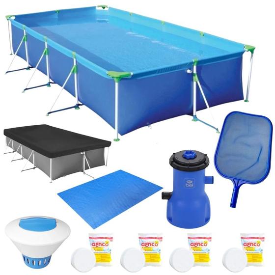 Imagem de Kit Piscina 6200l + Forro e Capa + Filtro 220v 3028l/H + Cloro + Peneira + Flutuador