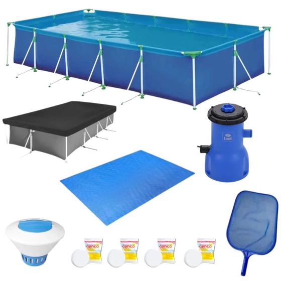Imagem de Kit Piscina 7600 L + Forro+ Capa + Filtro 220v 3028l/H + Cloro + Peneira + Flutuador