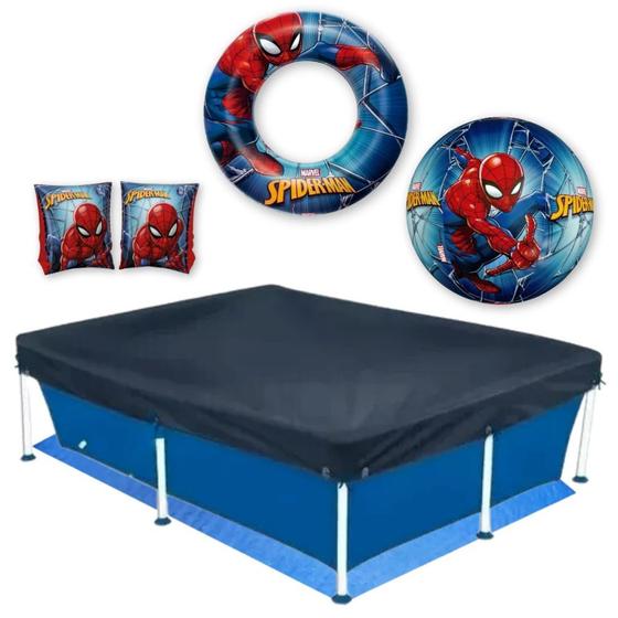 Imagem de Kit Piscina de Armacao 1000l + Capa + Forro + Bola e Boias Homem-aranha  Mor 