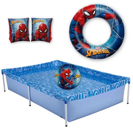 Imagem de Kit Piscina de Armacao Infantil 1000l + Boia de Braco + Bola e Boia Inflavel Homem-aranha